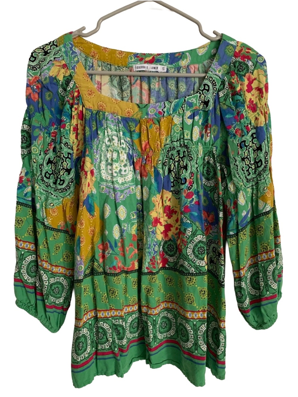 FIGUEROA & FLOWER ANTHROPOLOGIE Green Colorful Print 3/4 Sleeve Rayon Blouse
